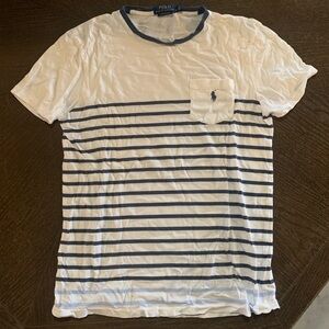 Ralph Lauren Men's White and Navy Striped Pocket Tee